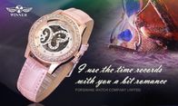 Reloj mecánico de la cara grande de los relojes del cuero del rosa de la moda del viento para mujer análogo de la mano