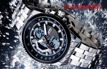 Negocio para hombre 12/24 exhibiciones del LCD del reloj de la correa del metal de la hora con el carillón por hora